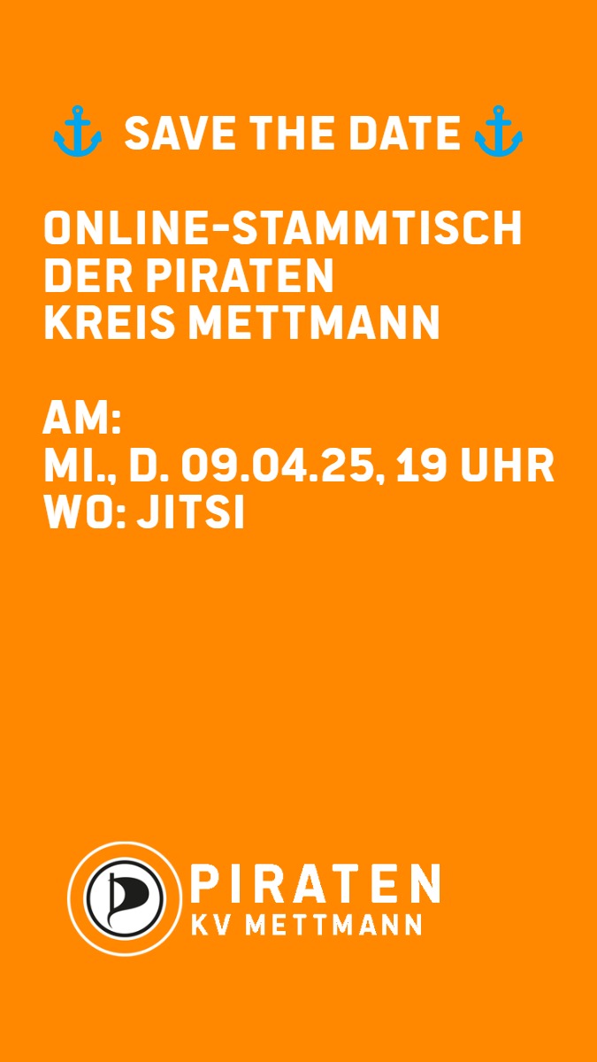 Sharepic hochkant in orange. Save the Date. Angaben zum Onlin-Stammtisch am 09.04.2025, 19:00 Uhr, Jitsi