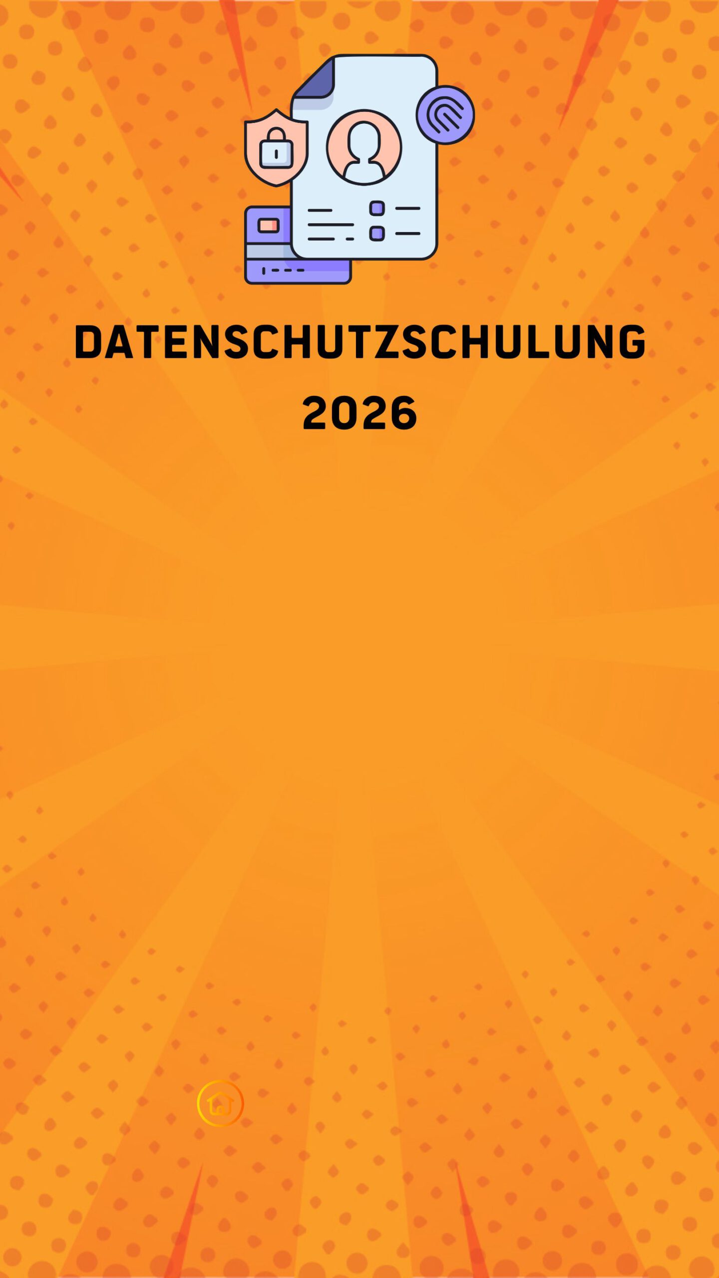Sharepic im Hochkantformat. Orange farbender Hintergrund. Oben eine Grafik, die thematisch auf den Datenschutz hinweist, hierunter der Text "Datenschutzschulung 2026"